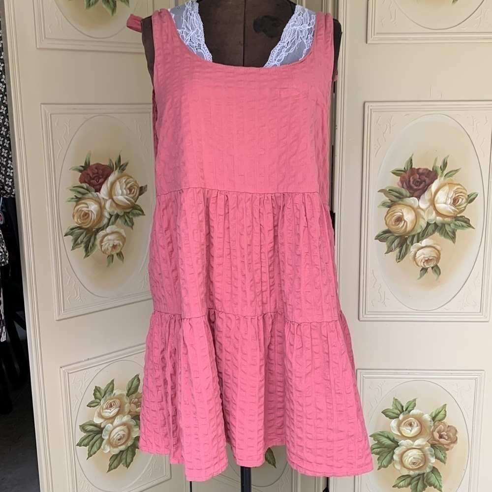 ASOS babydoll dress adjustable ties at shoulder big block layer salmon color.